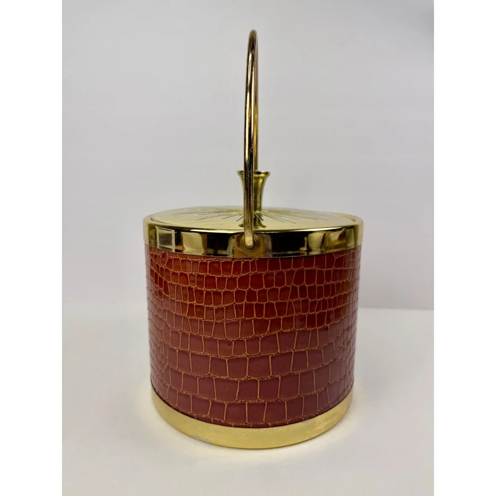 Vintage MCM Ice Bucket Faux Alligator Gold Sunburst Lid with Brass Tongs Japan